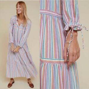 Warm Colonial Tiered Rainbow Stripe Midi Dress *hemmed